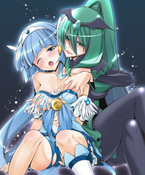 abaslev:2girls aoki reika bad end march bad end precure bare shoulders blue eyes blue hair blush bod