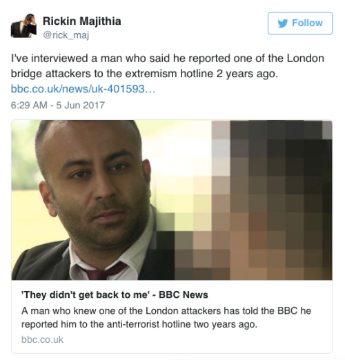 odinsblog:  the-movemnt:  British Muslims reported suspects to authorities in London and Manchester British Muslims reportedly notified the anti-terrorism police concerning the suspects in the London Bridge attack and the Manchester bombing, according