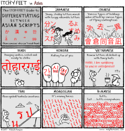 ormpludge:  batter-sempai:  linguisten:  uniquelyevil:  This is adorable  Distinguishing Asian Scripts  As a Chinese can I just say that the Chinese one is freakin accurate because everything is either blocks, has wings or has so many strokes that it
