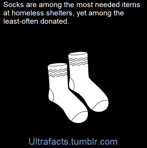 ultrafacts:    Socks are among the most needed items at homeless shelters, yet among the least-often donated. According to Tom Costello Jr., founder and “Chief Sock Person” at the Philadelphia-based nonprofit The Joy of Sox, even regular donors of