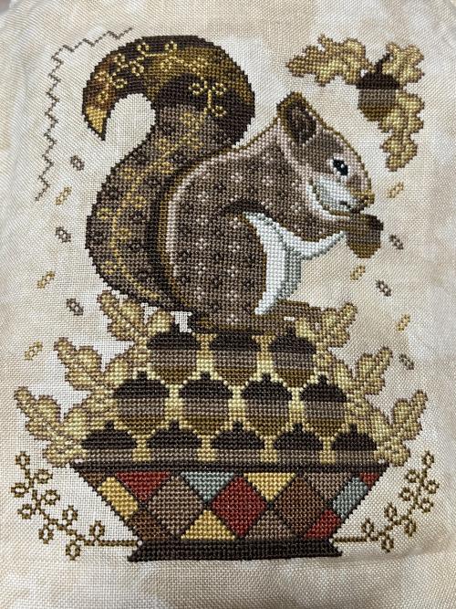 Gathering Acorns stitched by getyouryayasoutahere. Pattern designed by Cottage Garden Samplings.“It 