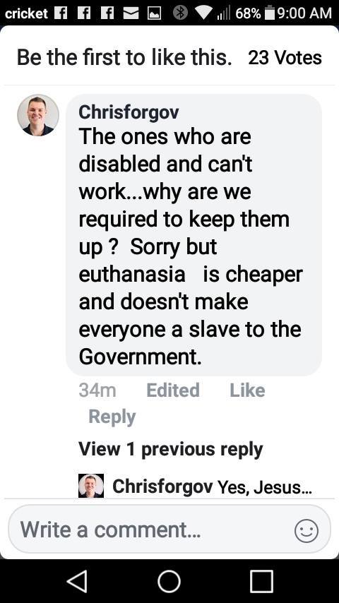 The guy running for Gov of Ok thinks any disabled person who can’t work should
