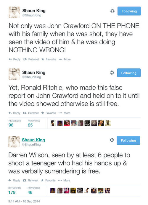 trilobiter:  poldberg:  While there is a lot of appropriate rage about Ferguson right now, the killing of John Crawford, III is getting less attention than it deserves. I put Shaun King’s tweets and history lesson on the matter in chronological order