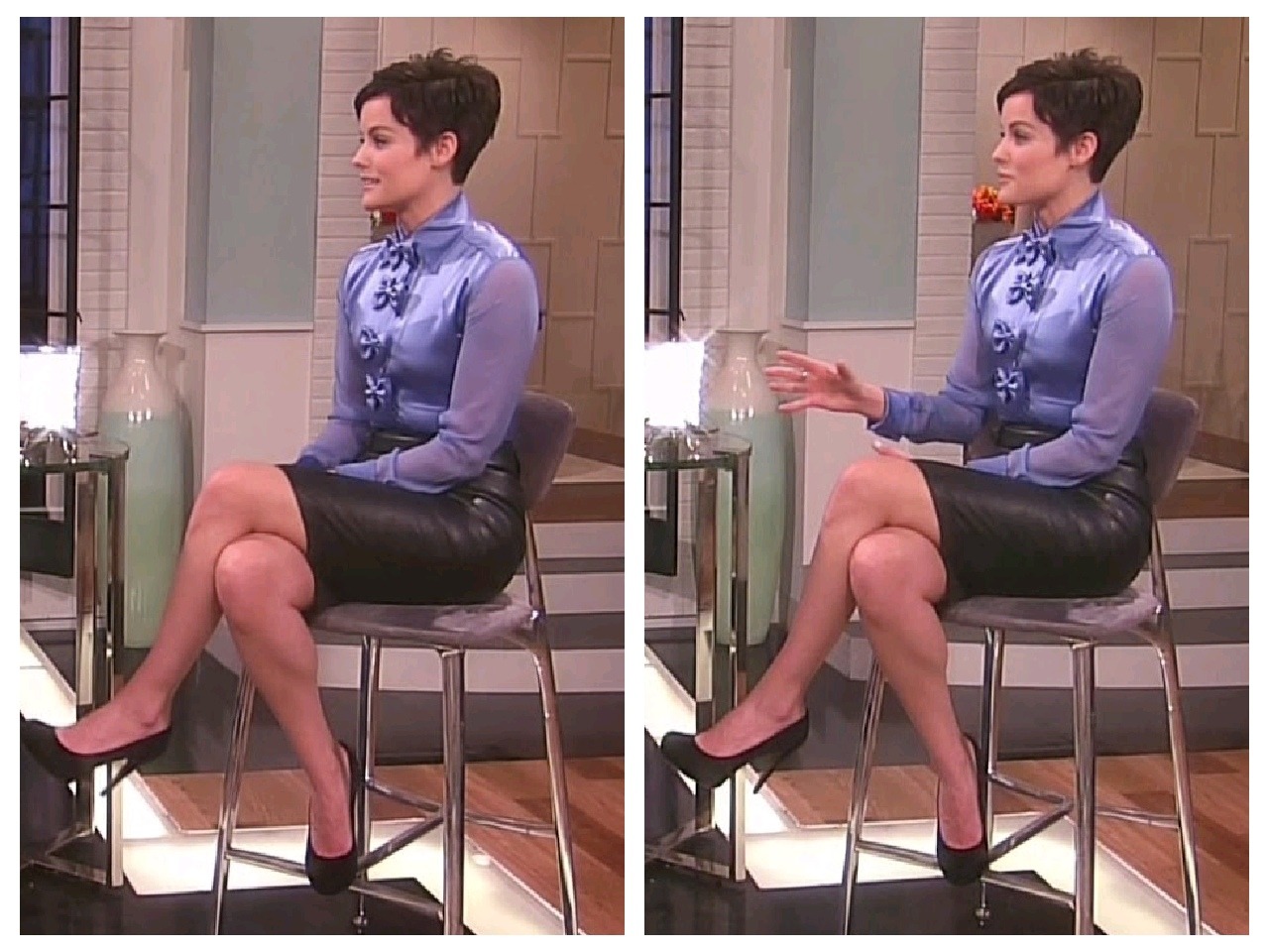 girlie-points:This is Jaimie Alexander.That satin blouse, the leather skirt, those high heels, her pixie haircut, and perfect make-up… Sissy inspiration. 