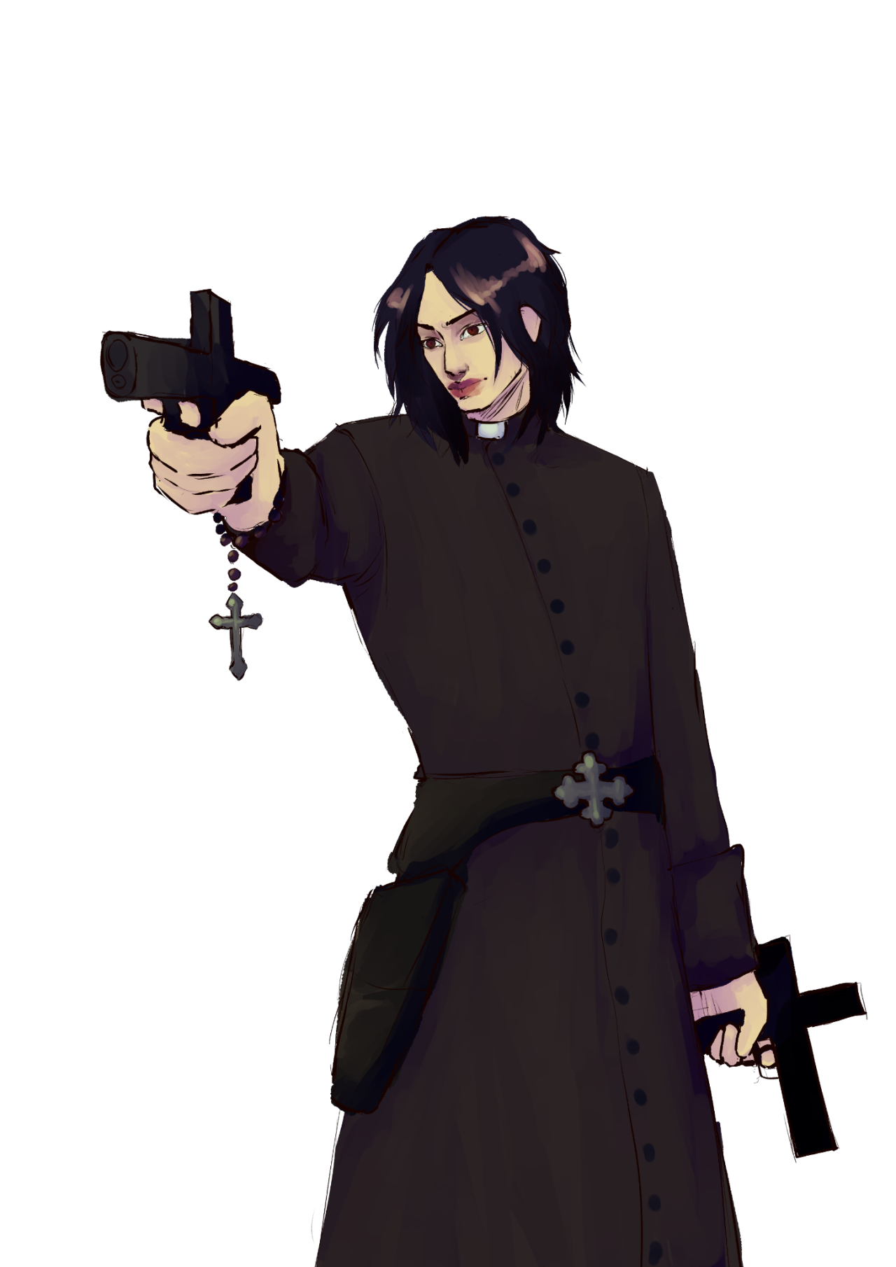 a digital illustration of a Vampire the Masquerade character, a priest holding crucifix shaped guns
