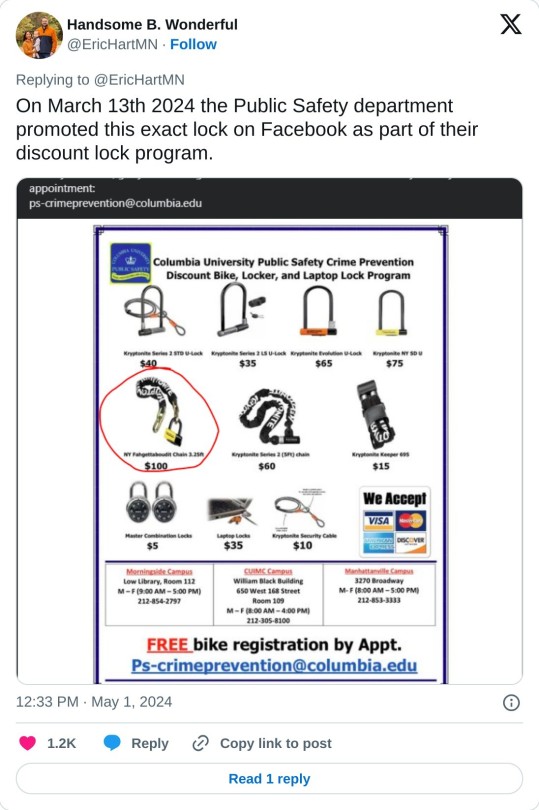 On March 13th 2024 the Public Safety department promoted this exact lock on Facebook as part of their discount lock program. pic.twitter.com/3WVG4Q3QjF  — Handsome B. Wonderful (@EricHartMN) May 1, 2024