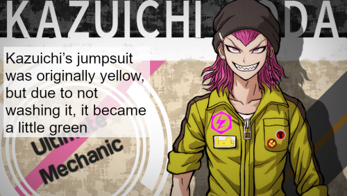 Headcanon: Kazuichi’s jumpsuit was originally yellow, but due to not washing it, it became a l