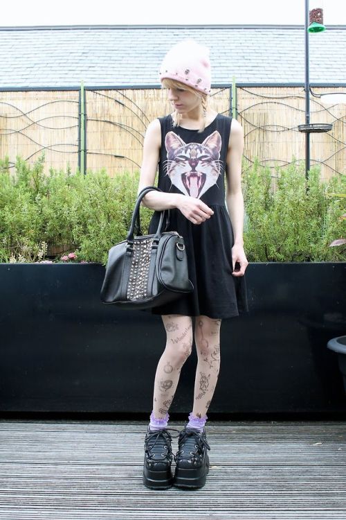 Fashionmylegs: Style Pick  Dress - H&amp;M Beanie - DIY Bag - Forever 21 Tights - eBay Sock