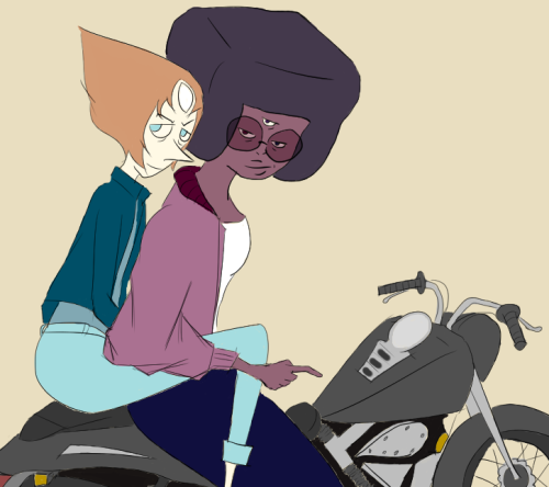 xerebann:I kinda like seeing Pearl and Garnet together, so I drew them together…on a motorcycle. Clearly, I have never drawn a motorcycle. 