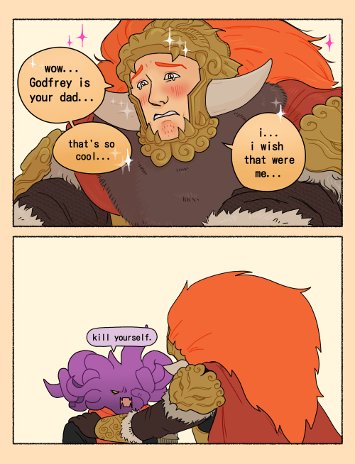 Two panel comic. In the first panel we see General Radahn from Elden Ring. He is gripping someone's shoulders off screen, his cheeks are slightly red and he is on the verge of crying. He is saying: "Wow... Godfrey is your dad... that's so cool... I... I wish that were me..."
In the second panel we see the person whose shoulders he is holding is Mohg. Mohg is visibly angry and says: "Kill yourself."