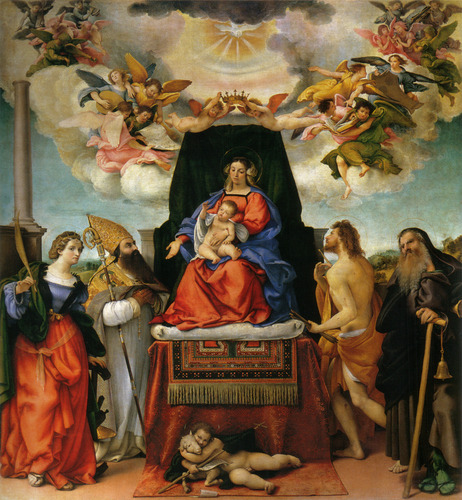 Enthroned Madonna with Angels and Saints, St. Catherine of Alexandria and St. Augustine on the left,