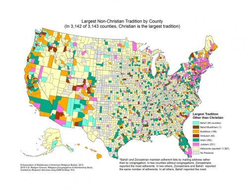 thelandofmaps:2nd most popular religion (after Christianity is removed) by USA county [1487x1147]CLI