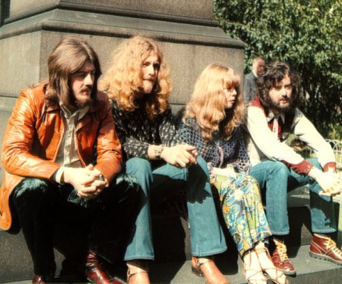 soundsof71:John Bonham, Robert Plant and Jimmy Page with Sandy Denny, who dueted with Robert on “The