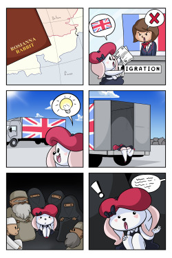 rosiannarabbit:  Rosianna Rabbit | 005 Before coming to London, Rosianna came from Brussels, in Belgium. Here’s how she illegally snuck past British border police… FACEBOOK | TWITTER | FIRST COMIC   lol