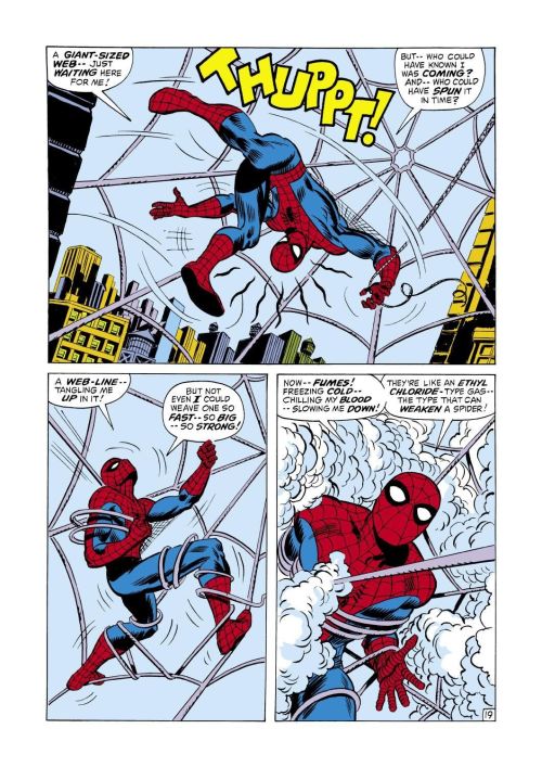 Trapped in a giant-sized web, helpless Spider-man felt weak as spider-strength was gradually sapped 