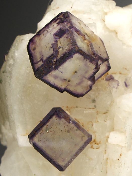mineralists:  Colorless cubes of Fluorite with dark purple edges ontop of Calcite