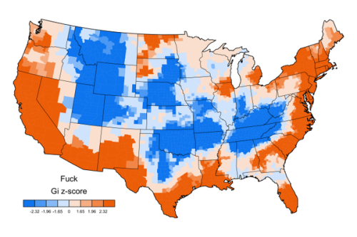 dorites:mapsontheweb:Heat map of US regions where “fuck” is a popular curse word.More word maps >