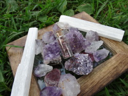 effervescentvibes:  bekkathyst:  LOT #14 - ูSelenite sticks (x2), natural ruby crystals (x2), mini amethyst clusters (x2), rough amethyst crystals, quartz from Tibet, pink tourmaline on lepidolite from California. You get everything you see in the