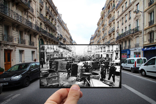 thecreativejungle:    El fotógrafo estadounidense Julien Knez utiliza antiguas fotografías de París para crear esta megnífica mezcla del pasado y el presente de la ciudad.   