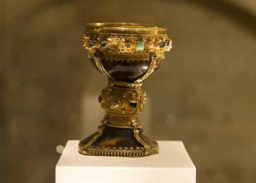 An ornate onyx chalice recently discovered at the Basilica of St. Isodore in Leon, Spain.  Dated to 