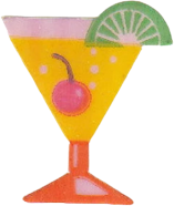 sticker of a yellow drink in an orange glass. it is garnished with a cherry in the drink and a lime on the rim of the glass.