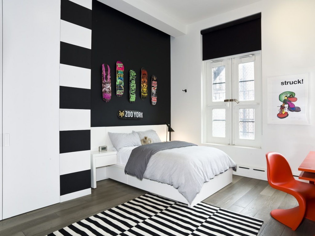 Black white and turquoise bedroom