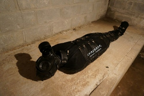 ckrubber:Chance for me to get my own back.. Mmwwhhaaa. Canvas and Leather Sleepsack, rubber hood and