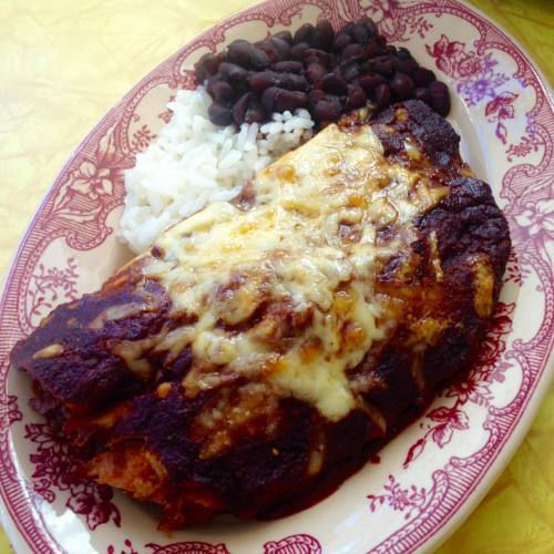 Turkey Mole Enchiladas with Rice and Beans! Yum this came out delicious! It took about 4 hours but I