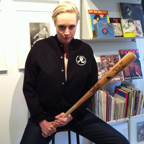 helloitsbees: sansastarkofficial:  sansastarkofficial:  wheres that picture of gwendoline christie holding a baseball bat sitting near a book that’s titled “gay sex devices”   i found it   no cops at pride just gwendoline christie and her bat and