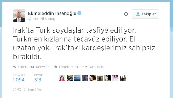 Cumhurbaşkanı adayı Prof. Ekmeleddin İhsanoğlu'nun Türkmenlere uygulanan soykırım hakkındaki bugün paylaştığı twitter açıklaması.
