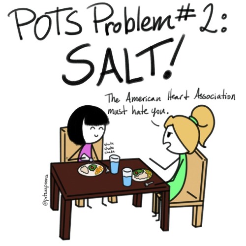 [Comic of Potsie and Susan eating dinner–Potsie is pouring tons of salt on her food while Susan frow