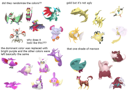 sylveonwishes:sylveonwishes:types of shiny pokemonugly goldradioactive greenindistinguishable from the regular versionPINKdid they randomize the colors?? why does it look like this???gold but it’s not uglythe dominant color was replaced with bright