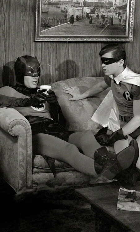 jthenr-comics-vault:  Adam West & Burt Ward on the Bat-Set (1966)By Richard Hewitt for Look Magazine    Slow crime fighting night.