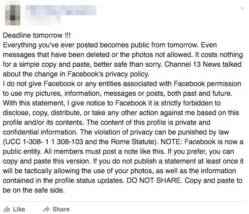the-future-now:This Facebook privacy hoax is going viral again — don’t believe itThis hoax warning u