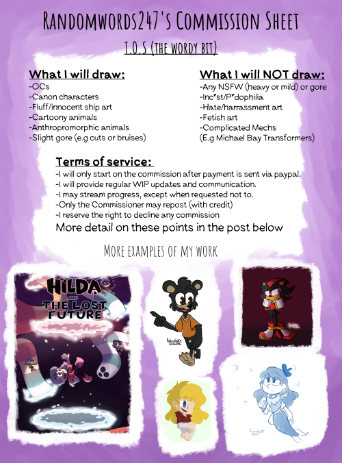 randomwords247: Hello!! I’m currently taking commissions! In these sheets are the details of what ty