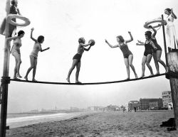 rookiemag:  hoodoothatvoodoo:  Members of the Venice Beach Girls Dare Club, a group of bathing beauties who do a new stunt every Sunday, playing tightrope basketball. Venice, California, 1929.  omg this may become my new summer plan: “a new stunt every