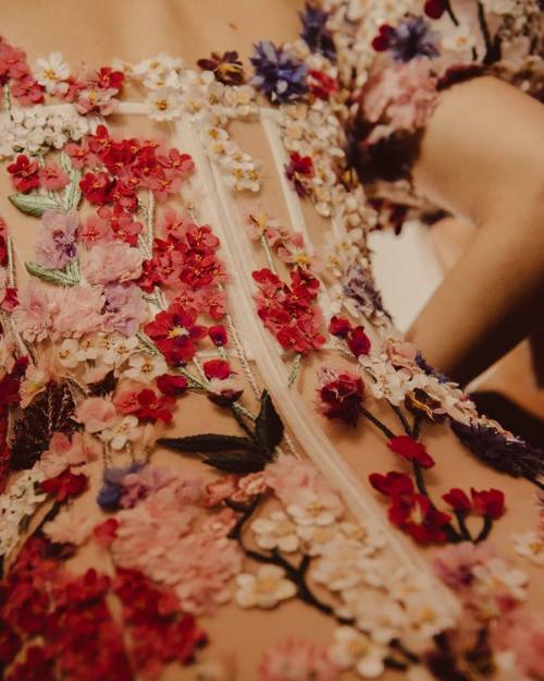 stopdropandvogue: A 3D hand-embroidered floral dress backstage at Alexander McQueen Spring/Summer 20