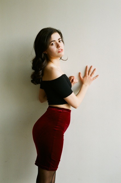 americanapparel:  Paula wearing the Cotton Spandex Off-Shoulder Top, Velvet Pencil Skirt, and Sheer Luxe Backseam Stocking.  this is a super-cute outfit
