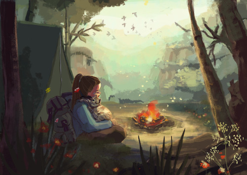 A girl camping with her cat. I enyojed so much practicing with this picture. I hope you like it ! :)