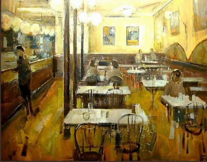 huariqueje:  Café at Barcelona  -     Ernest Descals   Catalan,b.1956- Oil and