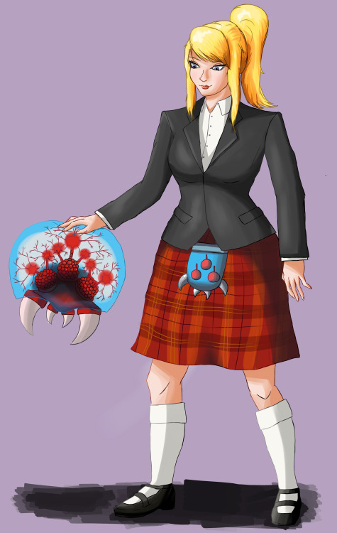 A fanart of Samus wearing a kilt, with a variant of her with red hair.