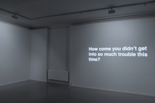 lehroi:  Ignas Krunglevicius ‘NARRATIVE WITH AN UNEXPECTED OUTCOME’, 2011. The video installation documents a dialogue from a group therapy session as animated text. Each screen represents a different persona from the therapy session. During