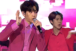 baehkkyun:  black haired baek in pink suit x black leather jacket  