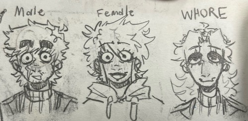 from left to right, Paul, Laurel, and Patryck are lined up. From left to right above their heads is written, Male, Female, Whore