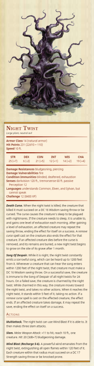 Night TwistLarge plant, neutral evilArmor Class 14 (natural armor)Hit Points 231 (22d10 + 110)Speed 