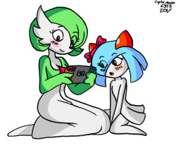 @Rakkuguy‘s Gardevoir And Kirlia Ocs, Airalin And Serene, Playing With A Switch.