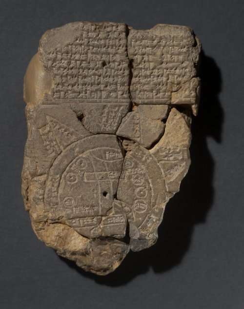 historyfilia:  Map of the WorldFrom the British Museum.This tablet contains both a cuneiform inscription and a unique map of the Mesopotamian world. Babylon is shown in the centre (the rectangle in the top half of the circle), and Assyria, Elam and other