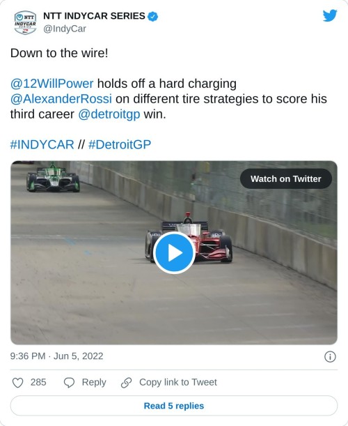 Down to the wire!@12WillPower holds off a hard charging @AlexanderRossi on different tire strategies to score his third career @detroitgp win.#INDYCAR // #DetroitGP pic.twitter.com/4OK7JyJka9  — NTT INDYCAR SERIES (@IndyCar) June 5, 2022