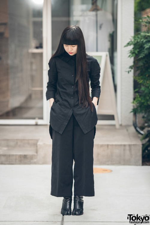 Ryoka on the street in Nakameguro wearing a dark minimalist look with fashion by Yohji Yamamoto and 