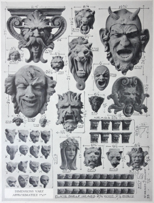 nemfrog:  “Human heads, masques, lion heads.” Architectural and decorative plaster ornaments. 1929.  Internet Archive 